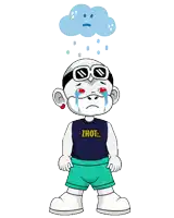 a cartoon character wearing a shirt that says ' zhou ' on it