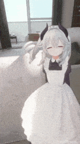 a maid with horns on her head is standing in a living room