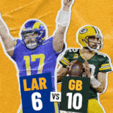 two football players are holding up signs that say lar 6 vs 10