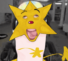 a yellow star with a red nose and tongue sticking out is wearing a white shirt with a yellow star on it