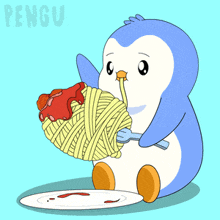 a penguin is eating spaghetti on a plate with the word pengu behind it
