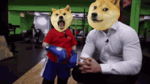 a man with a doge face on his face sits next to a boy wearing boxing gloves