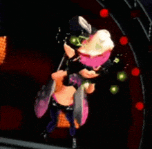 a cartoon character with pink hair and sunglasses is dancing on a stage