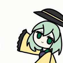 a cartoon of a girl with green hair wearing a black hat