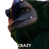 a close up of a cartoon character with the words crazy below it