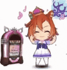 a cartoon girl is standing next to a jukebox with a crown on her head .