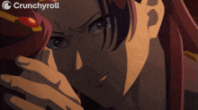 a crunchyroll ad shows a woman with red hair and the words this was planned all along wasn 't it