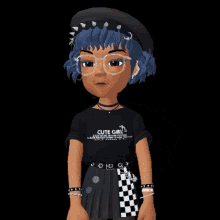 a girl with blue hair wearing a cute girl shirt