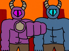 a cartoon drawing of a purple and blue monster with horns