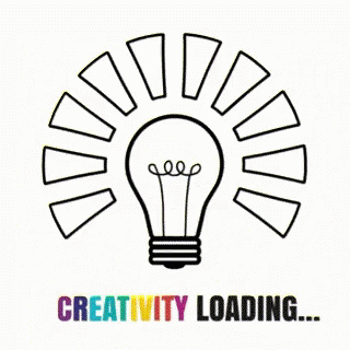 A light bulb that's encircled by colored rays with the words "creativity loading" beneath it.
