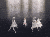 four anime girls are dancing on a stage in a dark room