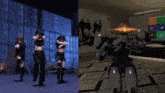 a group of women are dancing next to a robot with the number 01 on it