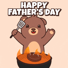 a happy father 's day card with a teddy bear cooking a steak on a grill