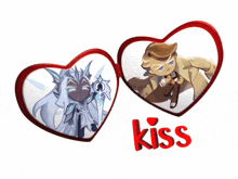 a couple of hearts with the word kiss in red
