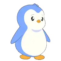 a blue and white penguin with orange legs and feet