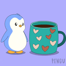 a penguin is standing next to a cup of coffee that has hearts on it
