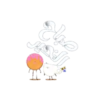 a cartoon drawing of a donut and a cup of coffee with arabic writing behind them
