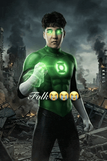 a poster of a man in a green lantern costume with folk written on it