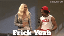 a man in a pizza shirt stands next to a woman and says frick yeah