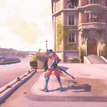 a video game character is standing in front of a building with a balcony