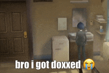a man in a suit is standing in front of a bathroom sink with the words " bro i got doxxed " above him