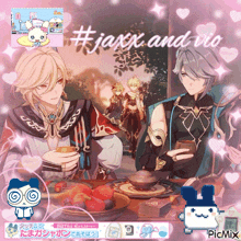 a picture of jaxx and vio is surrounded by pink hearts and a bunny
