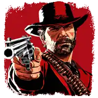 a man in a hat is pointing a gun at the camera
