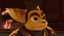 a close up of a cartoon character from a video game with a serious look on his face .