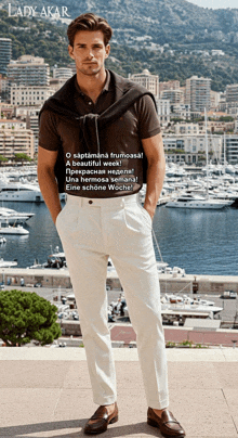 a man wearing a polo shirt and white pants is standing in front of a marina