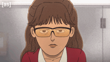 a cartoon drawing of a woman wearing glasses and a red shirt with the letters as on the bottom right