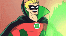 a green lantern is wearing a red cape and a mask