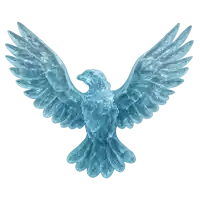 a blue bird with its wings outstretched against a white backdrop