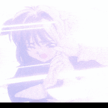 a cartoon girl with a white glove on covering her eyes