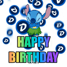 a pixel art of stitch with the words happy birthday lyla on the bottom