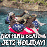 a man is floating on a jet2 holiday float