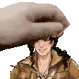 a hand is putting a hat on a person 's head .