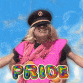 a man in a pink vest is holding an orange and the word pride is visible