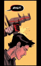 a comic book character is holding a gun to his head and says " shut "