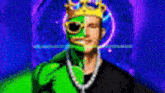 a man is wearing a crown and sunglasses and has a green and yellow face .