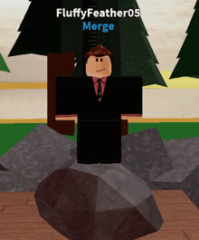 a video game character named fluffyfeather05 merge is standing on a rock