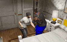 two men are standing in a bedroom and one has a tattoo on his back