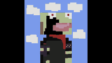 a pixel art of a frog with a red scarf around his neck