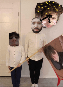 a man with a beard is standing next to another man