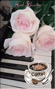 a cup of coffee sits on a saucer with a spoon on a piano keyboard