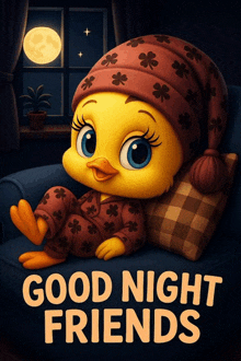 a cartoon chick is laying on a couch with the words " good night friends " on the bottom
