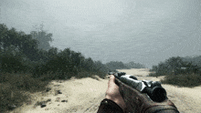 a person is holding a rifle in a foggy area