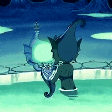 a cartoon character is standing in a pool of water with a green light behind him
