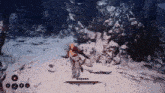 a video game is being played in the snow with a person holding a sword .