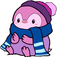 a pink penguin is wearing a purple hat and scarf