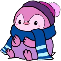 a pink penguin is wearing a purple hat and scarf